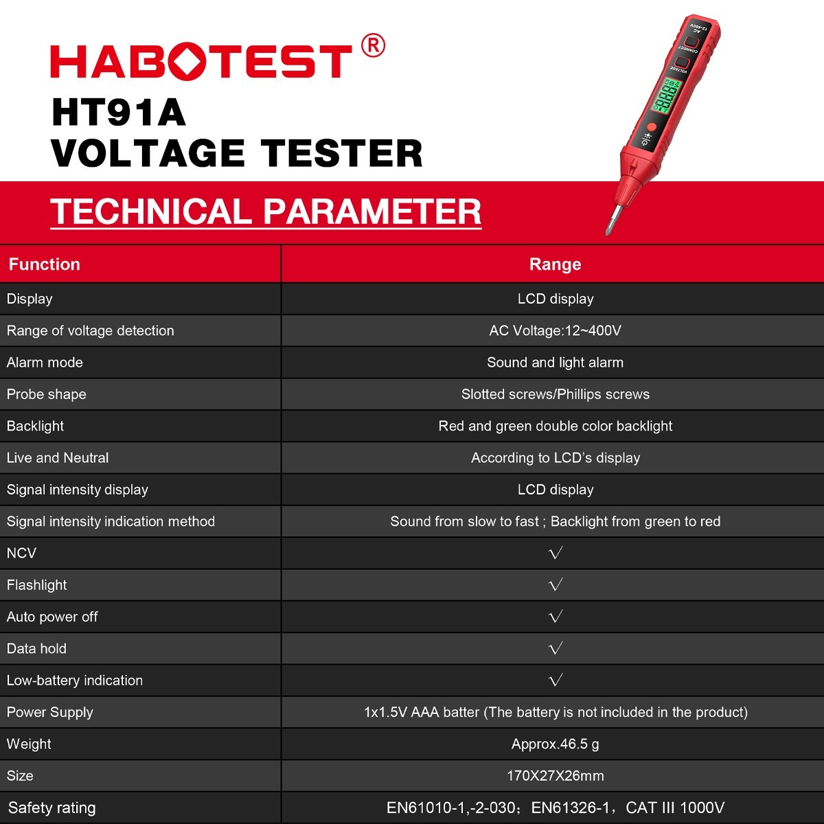 HABOTEST HT91A Voltage Tester Pen Non-Contact Flashing Alarm Battery Including