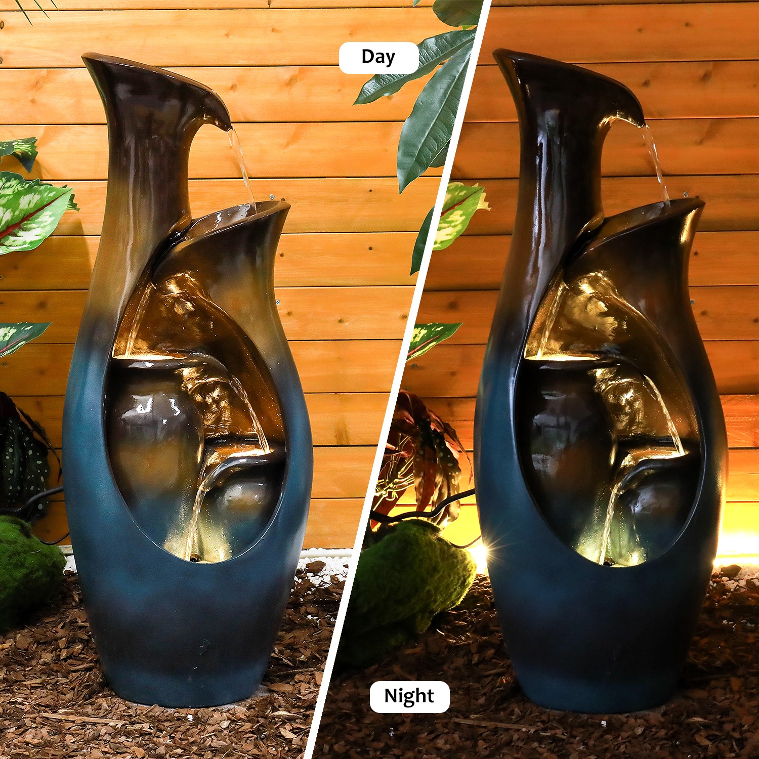 Used Faux Stone Tiered Cascading Water Fountain with LED Lights