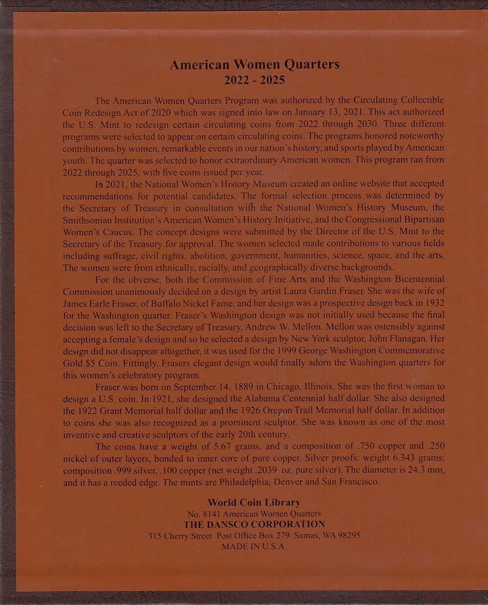Dansco Album American Women Quarters 8141 PDSS 2022-2025 w Proof Safe Storage