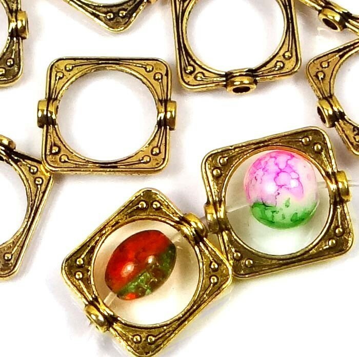 20 Antiqued Gold Pewter Square Frame Beads 15mm