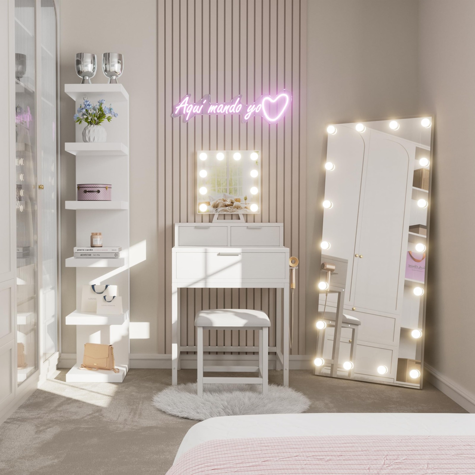 White Makeup Vanity Desk with Hollywood Mirror and Lights, Girls Vanity Set w...