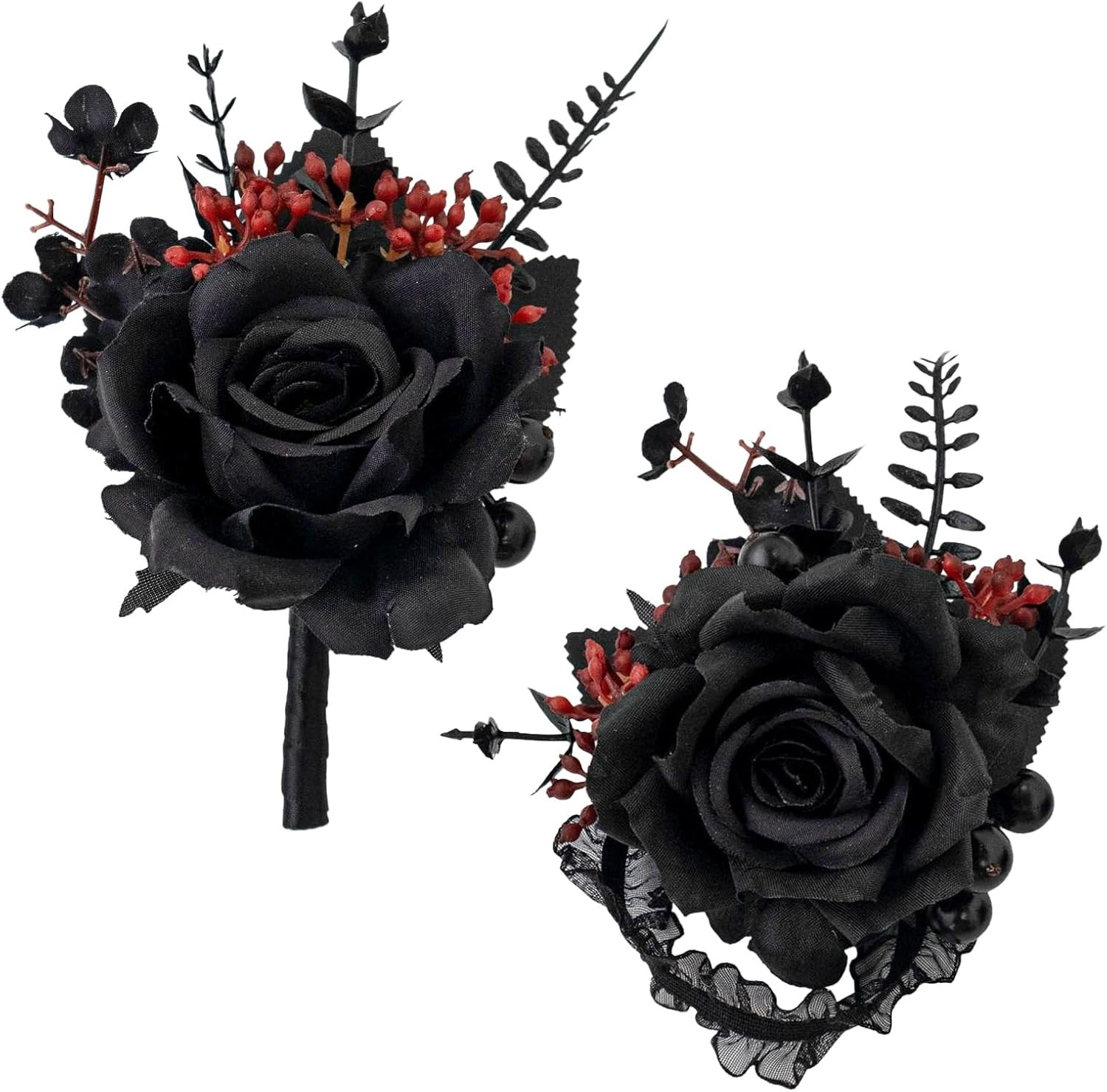 Gothic Black and Red Wrist Corsage and Boutonniere Set for Weddings and Prom