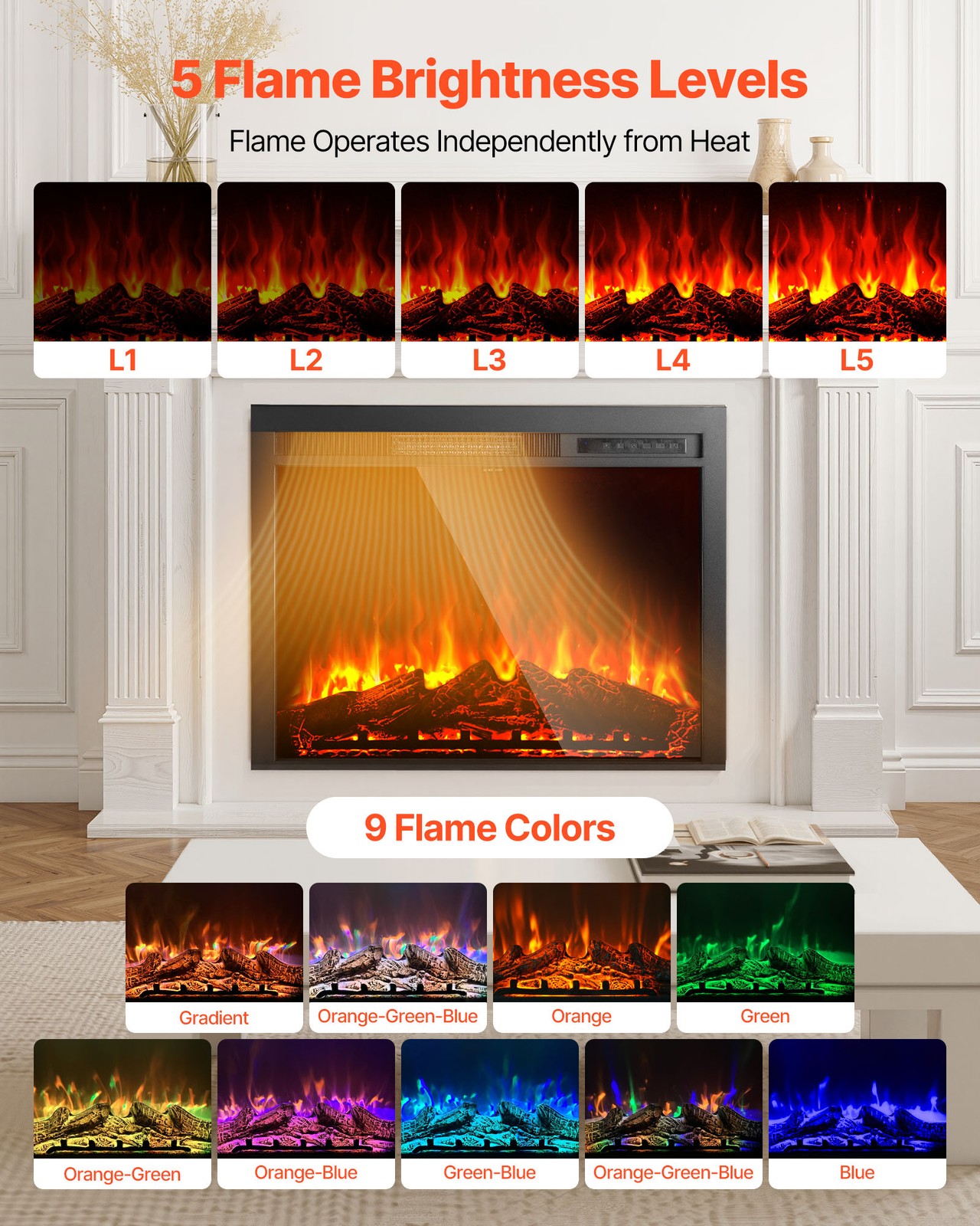 VEVOR 35in Electric Fireplace Insert Wall Recessed Heater 750W 1500W Remote