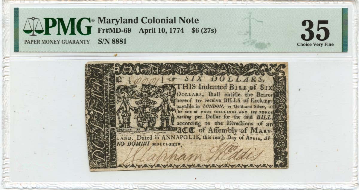 1774 April 10, $6 Maryland Colonial Note FR#MD-69 PMG VF35