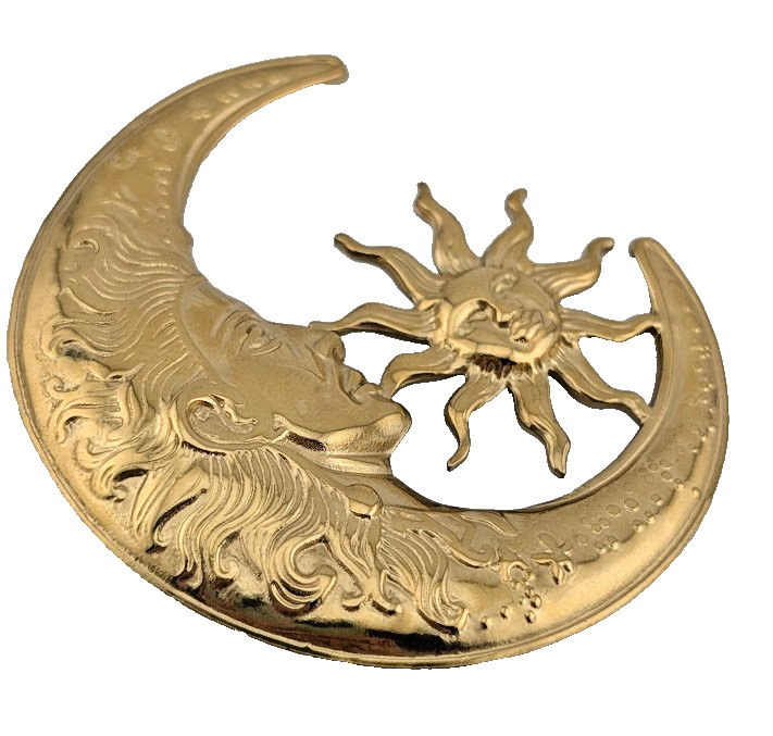 CELESTIAL SUN MOON BROOCH face 90s retroshiny stamped goldtone pin L4