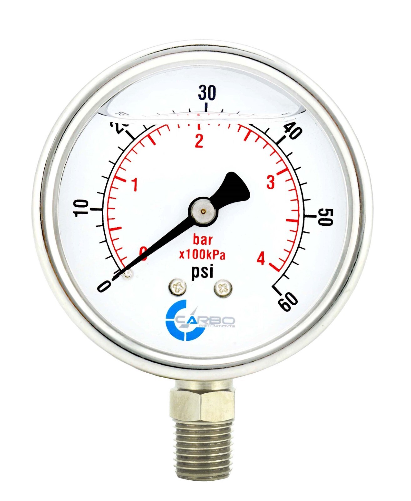 2-1/2" Pressure Gauge, Stainless Steel Case, Liquid Filled, Lower Mnt 60 PSI