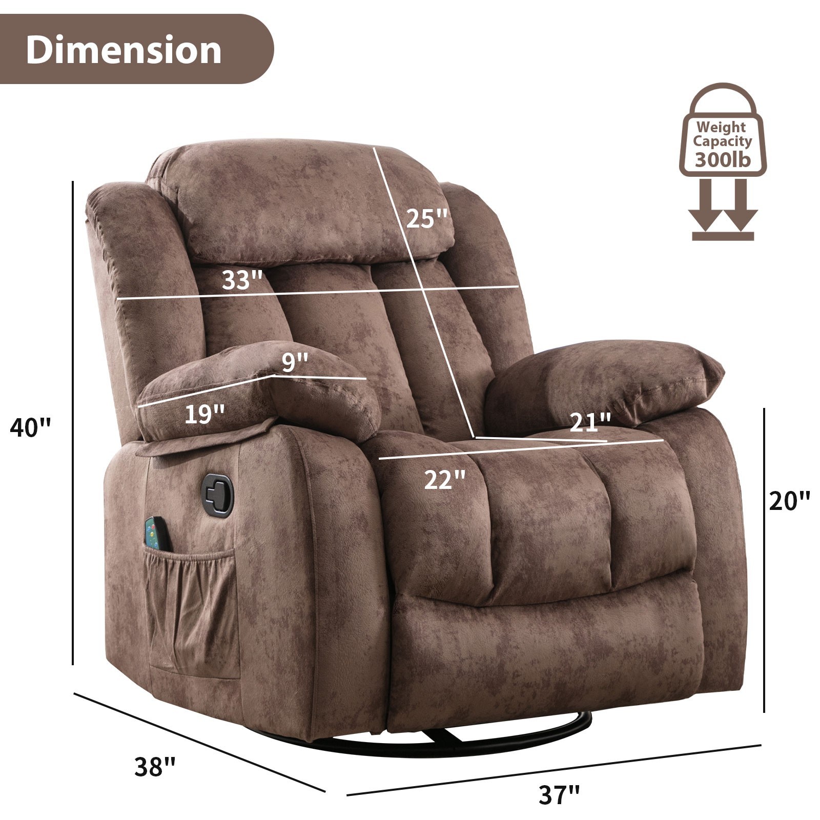 EBELLO Manual Massage Rocker Recliner with Heat & Vibration 360 Degree Swivel