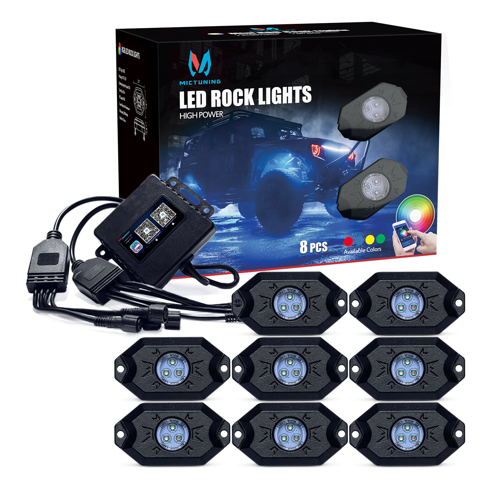 MICTUNING 2nd-Gen RGB LED Rock Lights Bluetooth 8 Pods Underbody Neon Lights Kit
