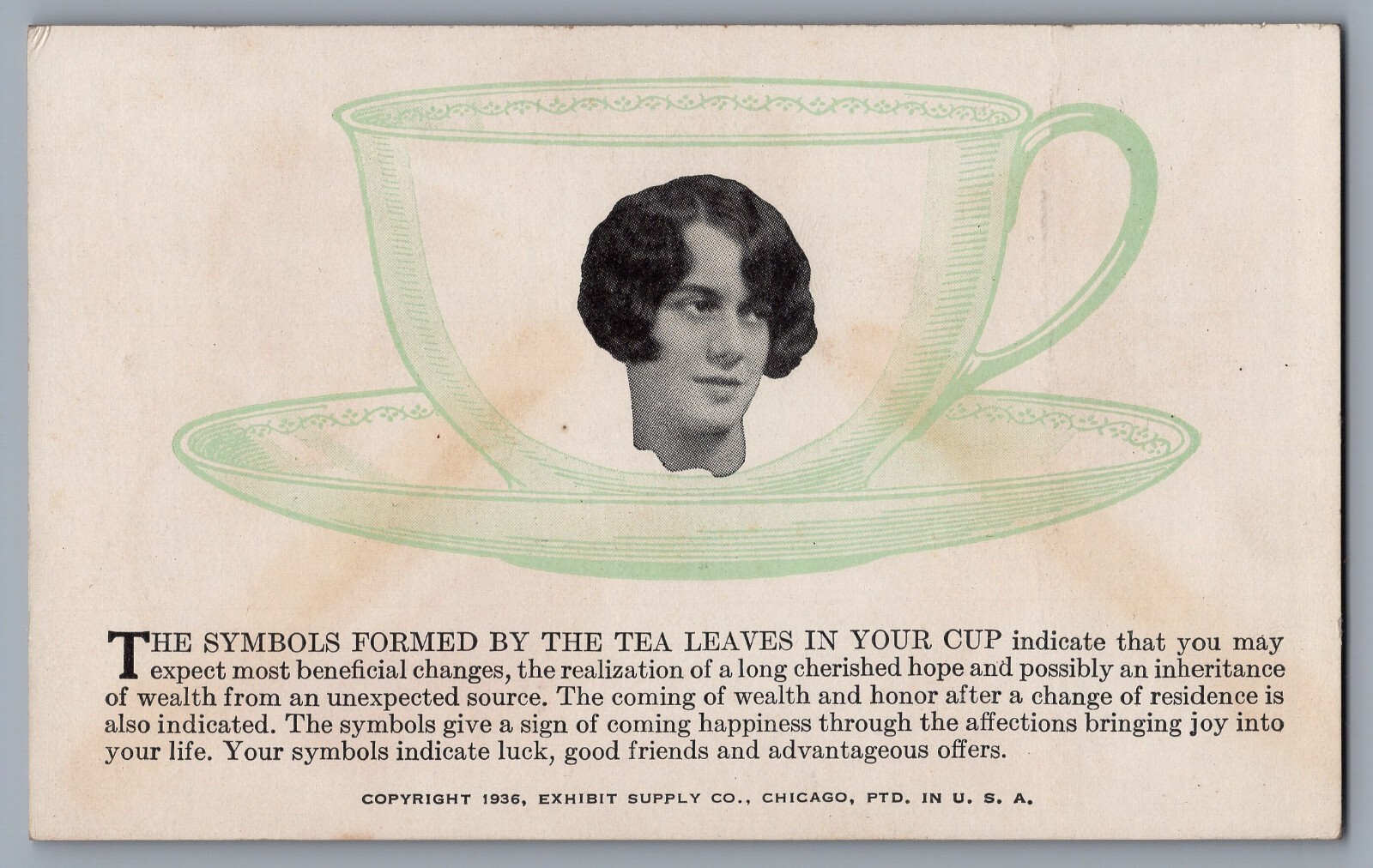 1936 Fortune Teller Read the Tea Leaves Card - Inheritance of Wealth, Good Luck