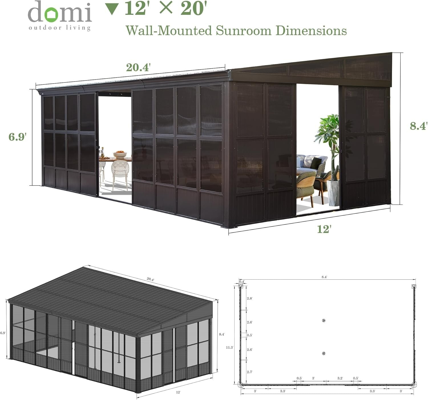 Domi 12x20FT Wall-Mounted Sunroom Gazebo, Steel Roof, Moveable PC Screen, Patio