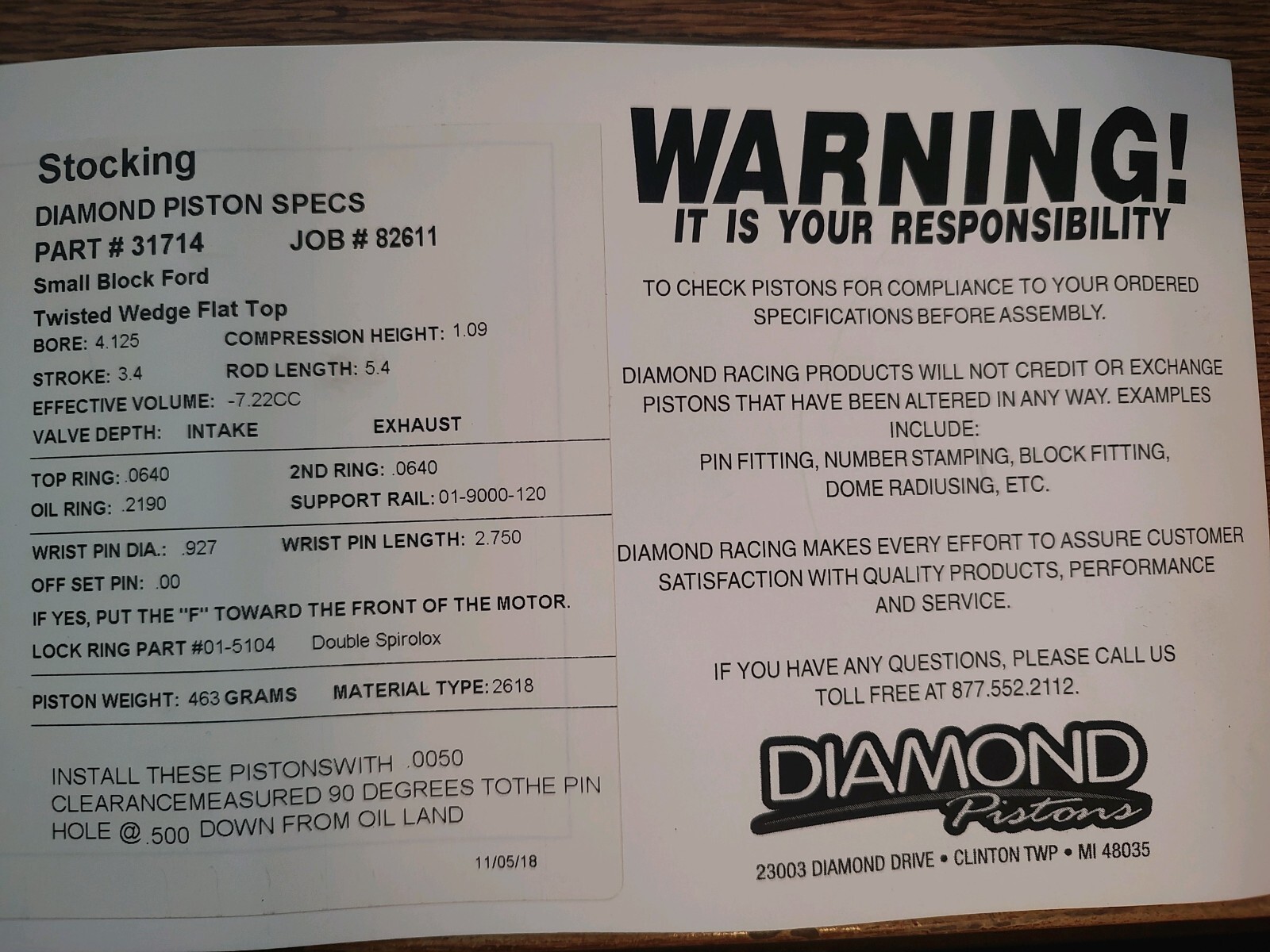 Diamond Pistons 31714-8 Small Block Ford 302/351 Twisted Wedge Street Strip Flat