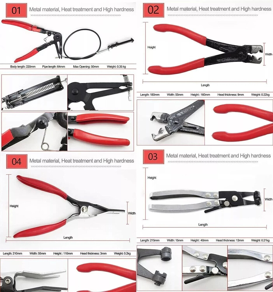 10Pc Hose Clamp Clip Remover Pliers Wire Long Reach Kit Fuel Oil Water Hose Tool