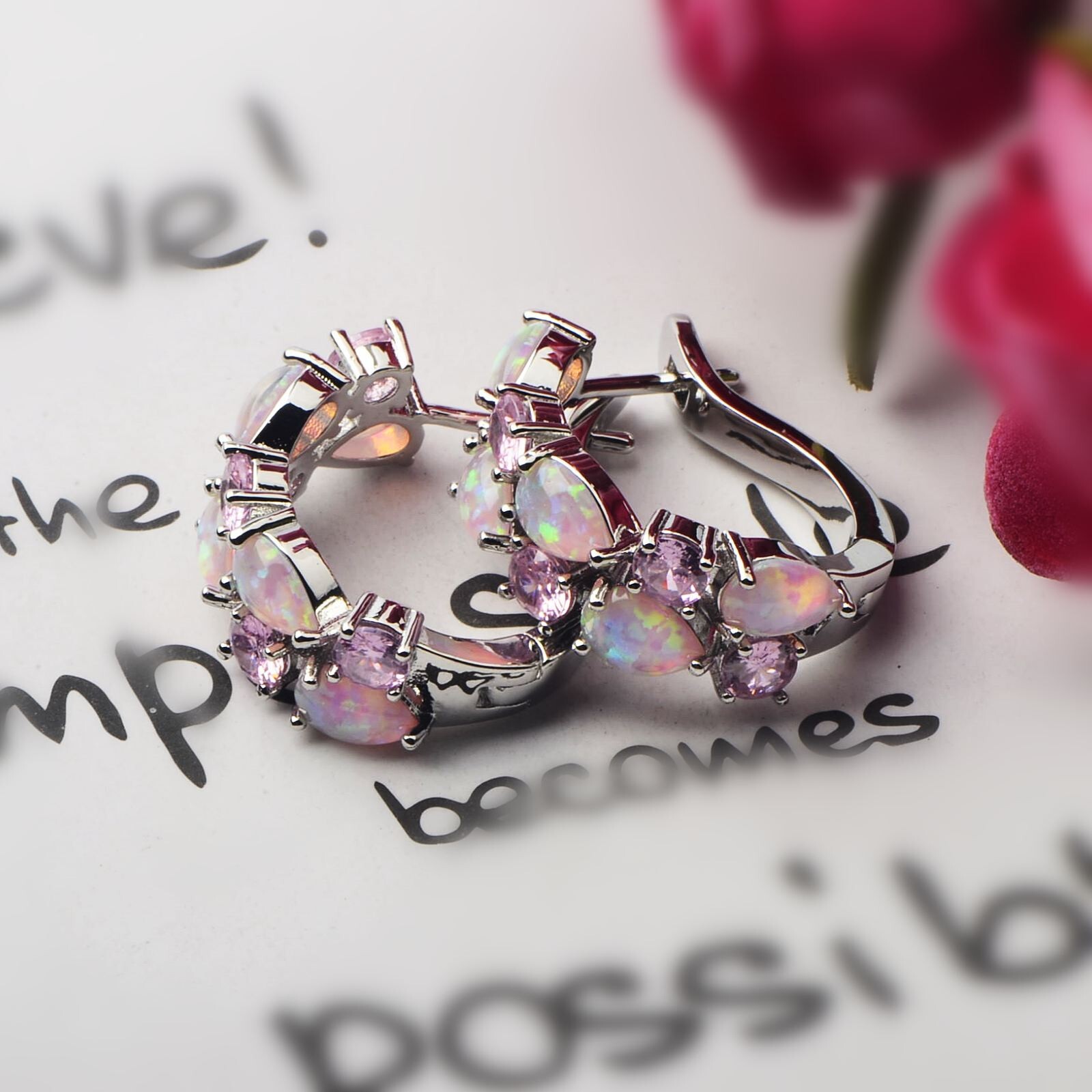 Hawaii Water Drople PInk Fire Opal Earrings Silver Filled For Women Girls