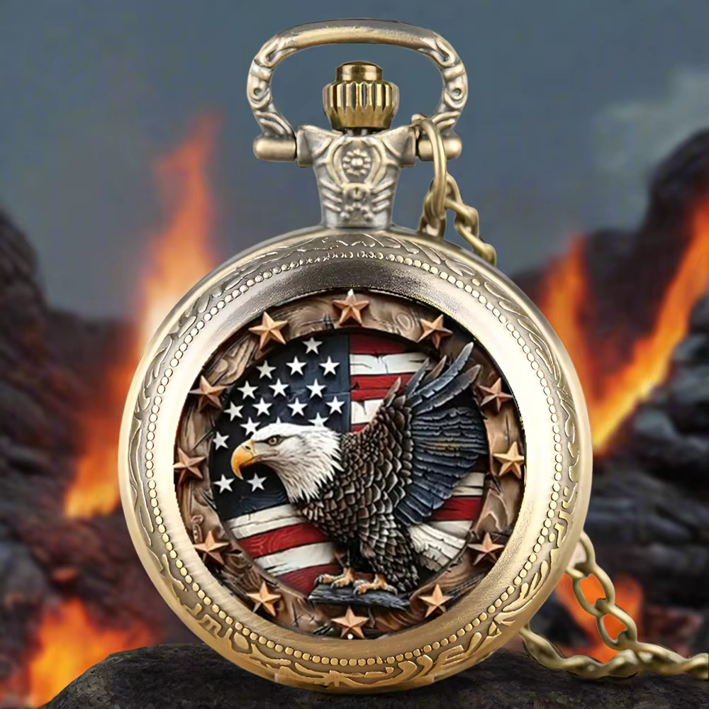 Pocket Watch USA Classic American Flag Eagle Quartz Watch 35mm Diameter
