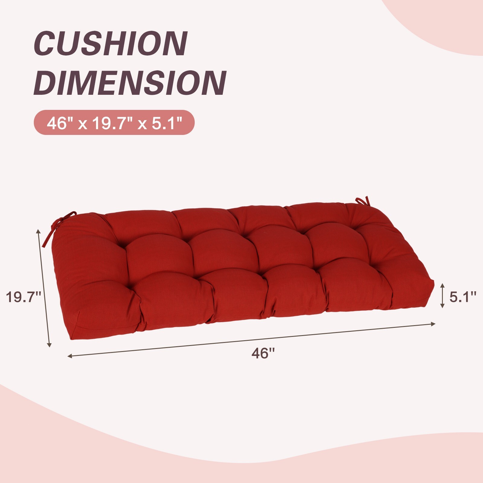 Aoodor 3 Seater Outdoor Bench Cushion Porch Swing Cushion w/Ties Replacement Pad