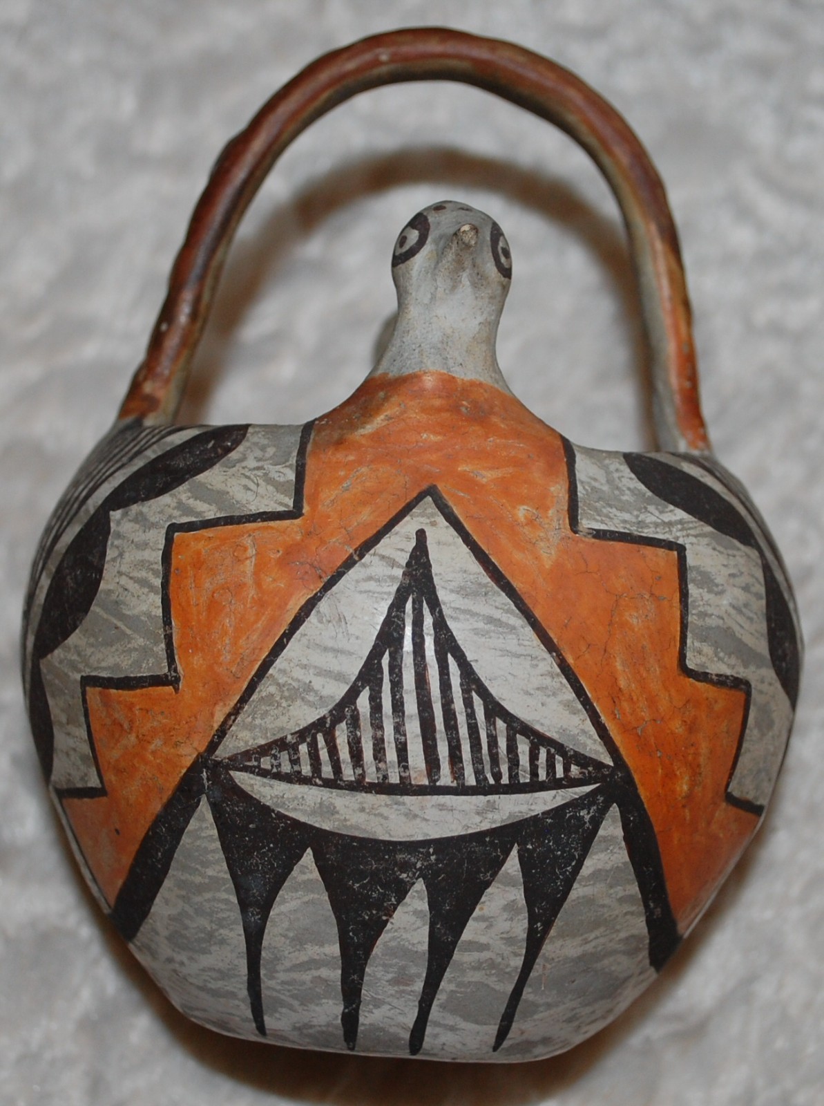 Early Isleta Double-Headed Pottery Bowl w/eight X engraved handle-1910-1920's