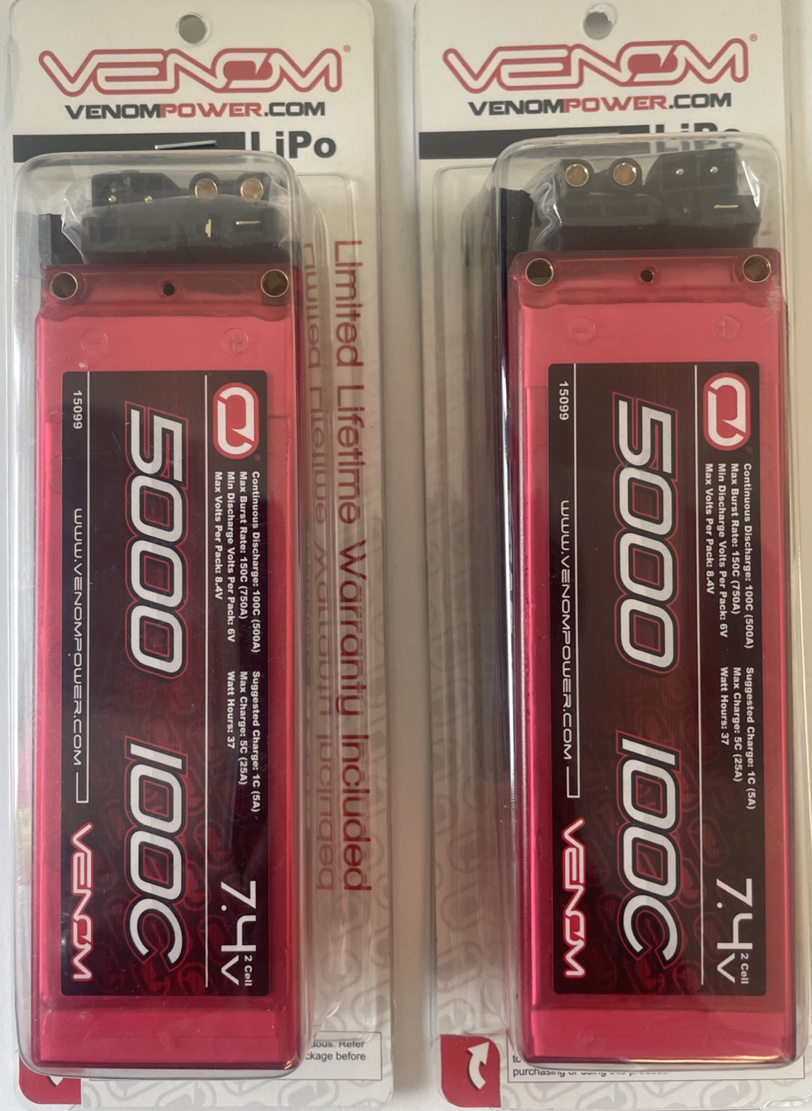 2pk VENOM 7.4V 5000mAh 100C 2S Lipo Battery For 1/10 And 1/8 RC Cars New 15099