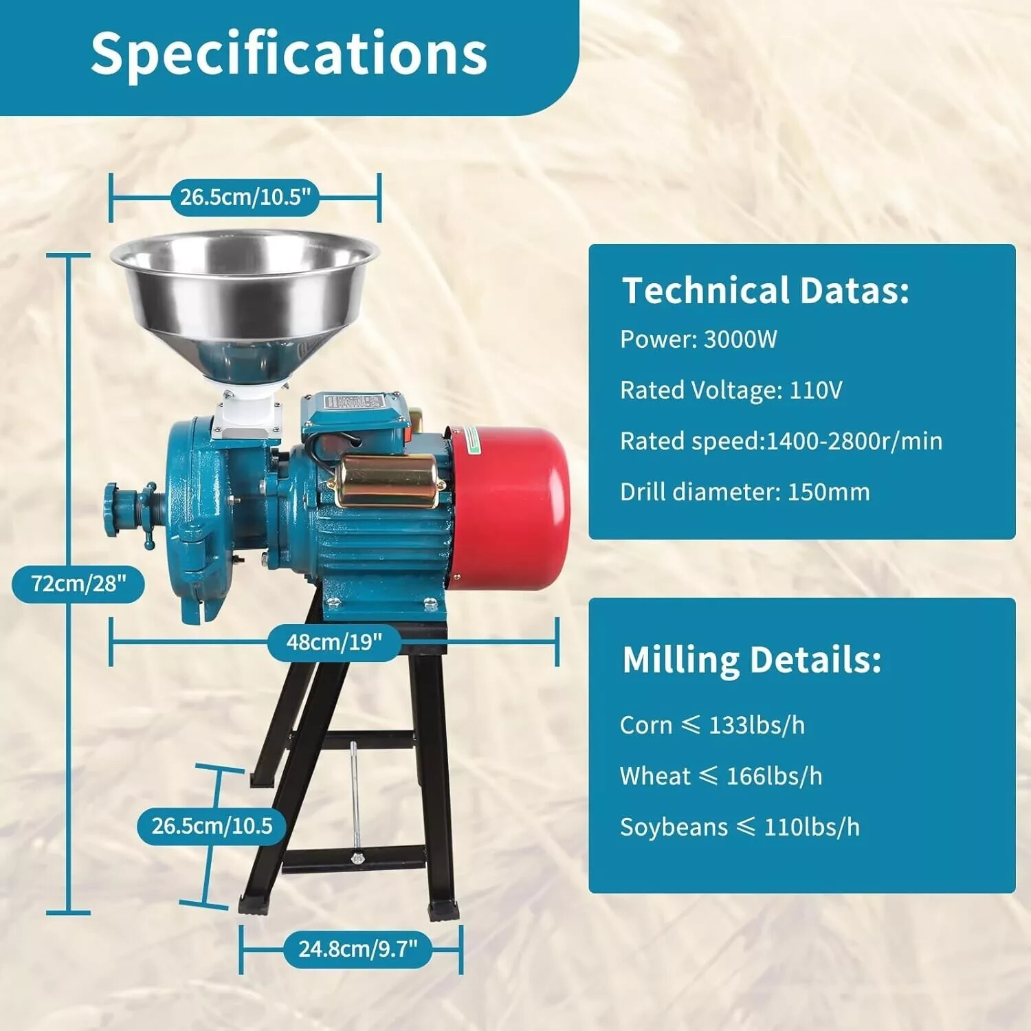 Electric Grain Mill Grinder 3000W 110V Commercial Dry Feed Corn Cereals Wheat
