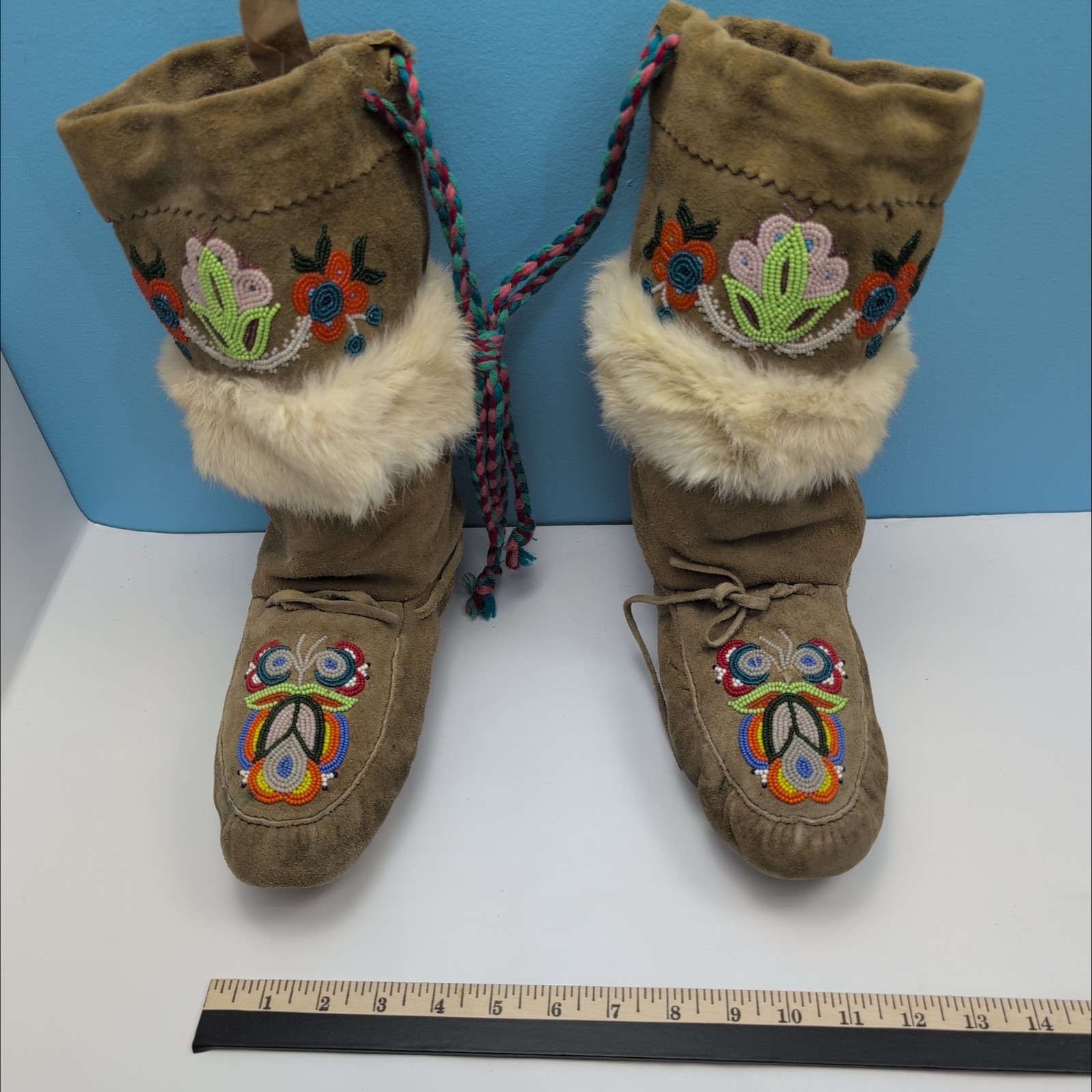 Vintage Beaded Mukluks Moccasin Boots Fur Trim Native American Plains Region