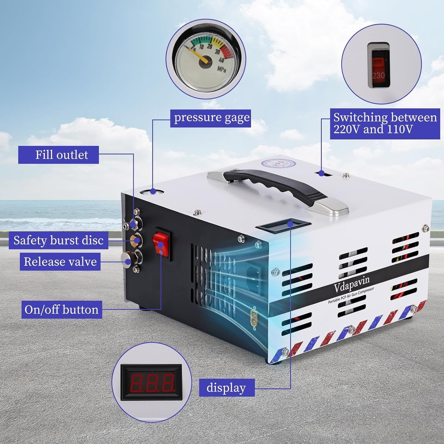 PCP air compressor, 4500 Psi/30Mpa, built-in power converter 12V DC/110V AC