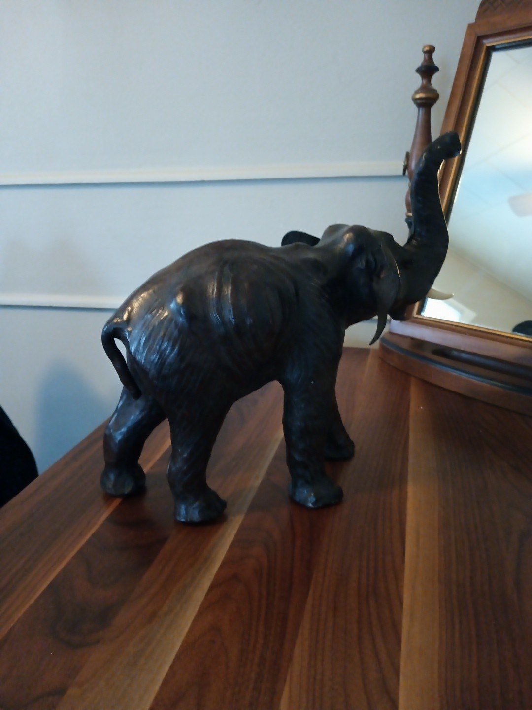 Elephant Large Leather 13" Brown Roaring Elephant Vintage Art Statue Lucky