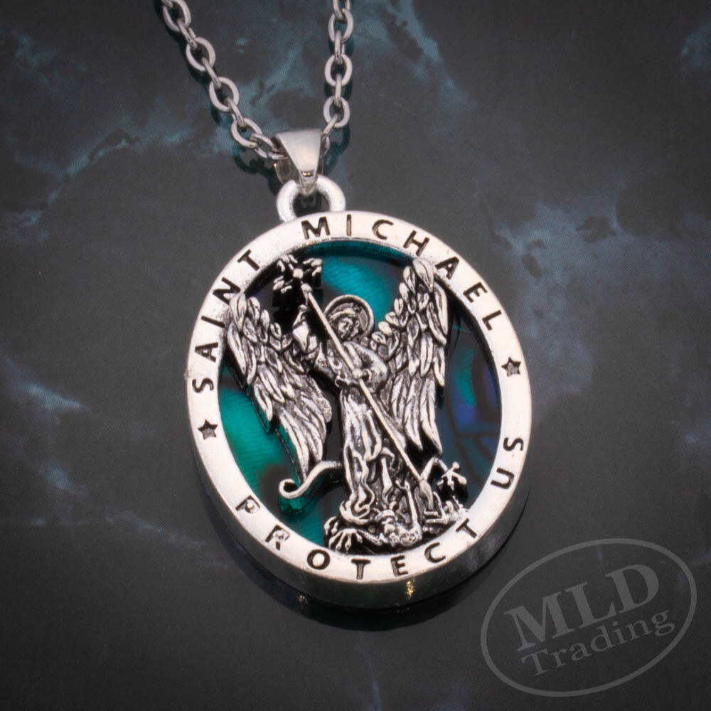 Saint St Michael Pendant Necklace, Religious Protector Medal, Alloy, 18" Chain