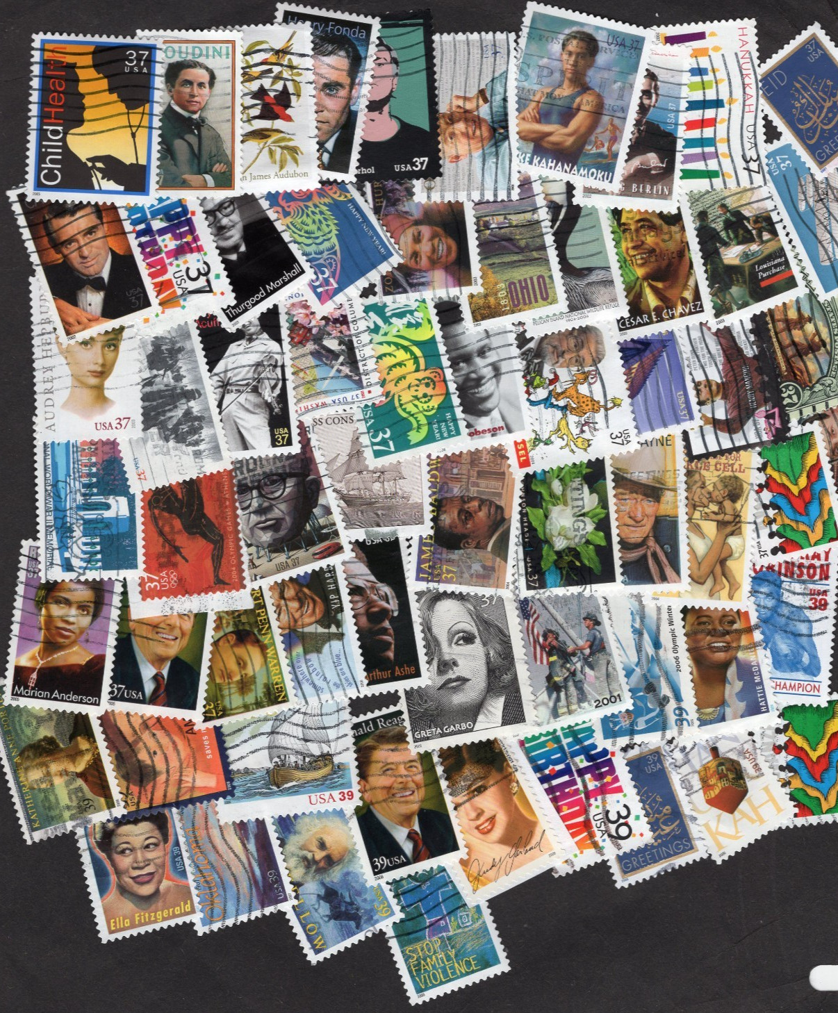 60+ 37-39 cent United States Commemorative Stamps, No Duplicates, Used, On/Off