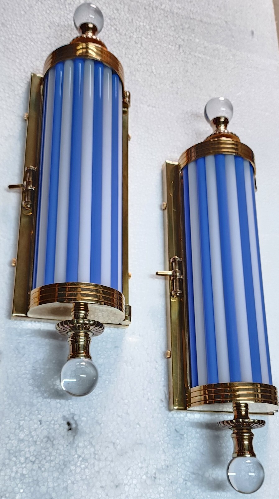 PAIR ANTIQUE VINTAGE ART DECO METRO LIGHT BRASS CASE BLUE ROD WALL SCONCES LAMP