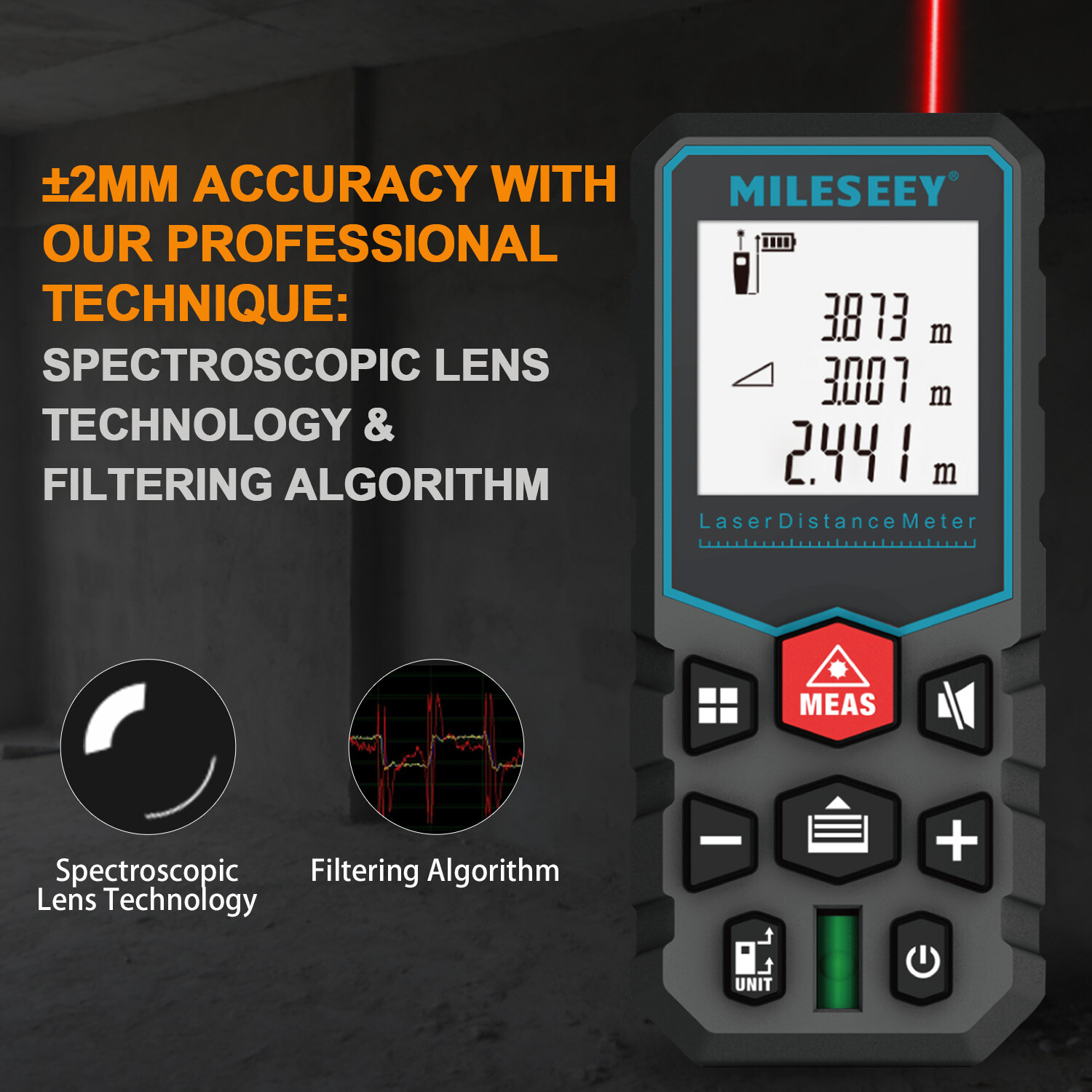 Mileseey Digital Laser Distance Meter Measurer Area Volume Pythagoras Tape LCD