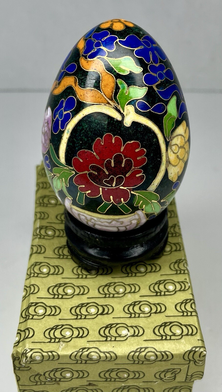 Vintage Chinese Black Cloisonné Enamel Copper Egg Pink Flowers Wood Stand In Box