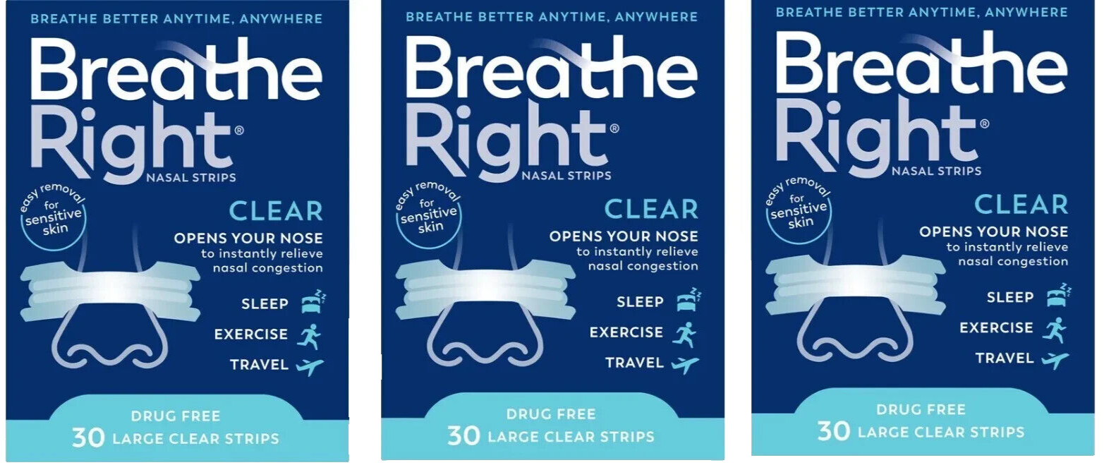 90 BREATHE RIGHT NASAL STRIPS LARGE CLEAR FOR SENSITIVE SKIN ( 3 X 30 CT BOXES )