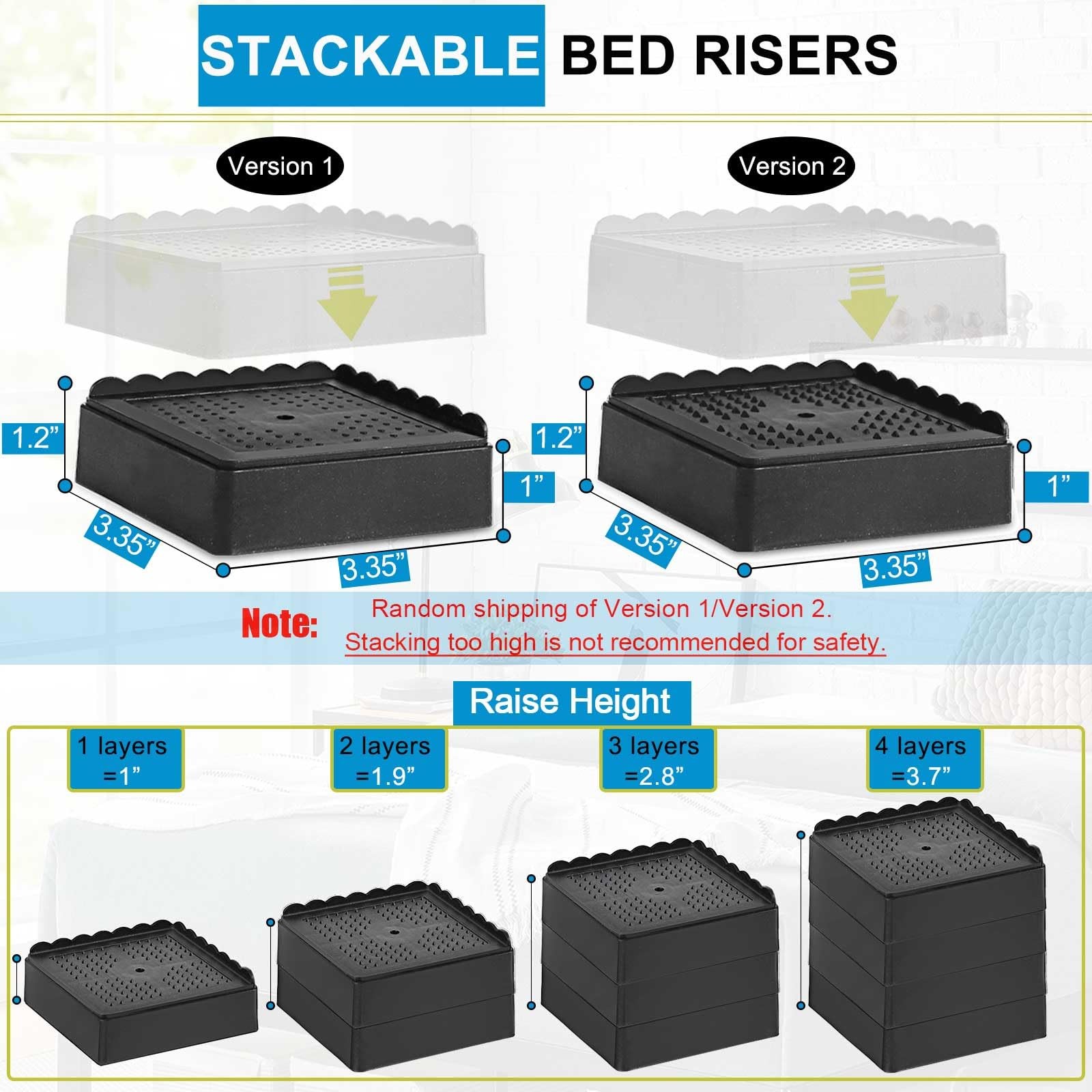 Bed Risers 1 inch, 2 inch, 3 inch, 4 inch Heavy Duty, Adjustable Furniture Riser