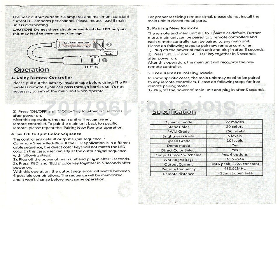 RGB LED Light Roll Strip Remote Control Wireless Controller Receiver 12VDC 4-Pin