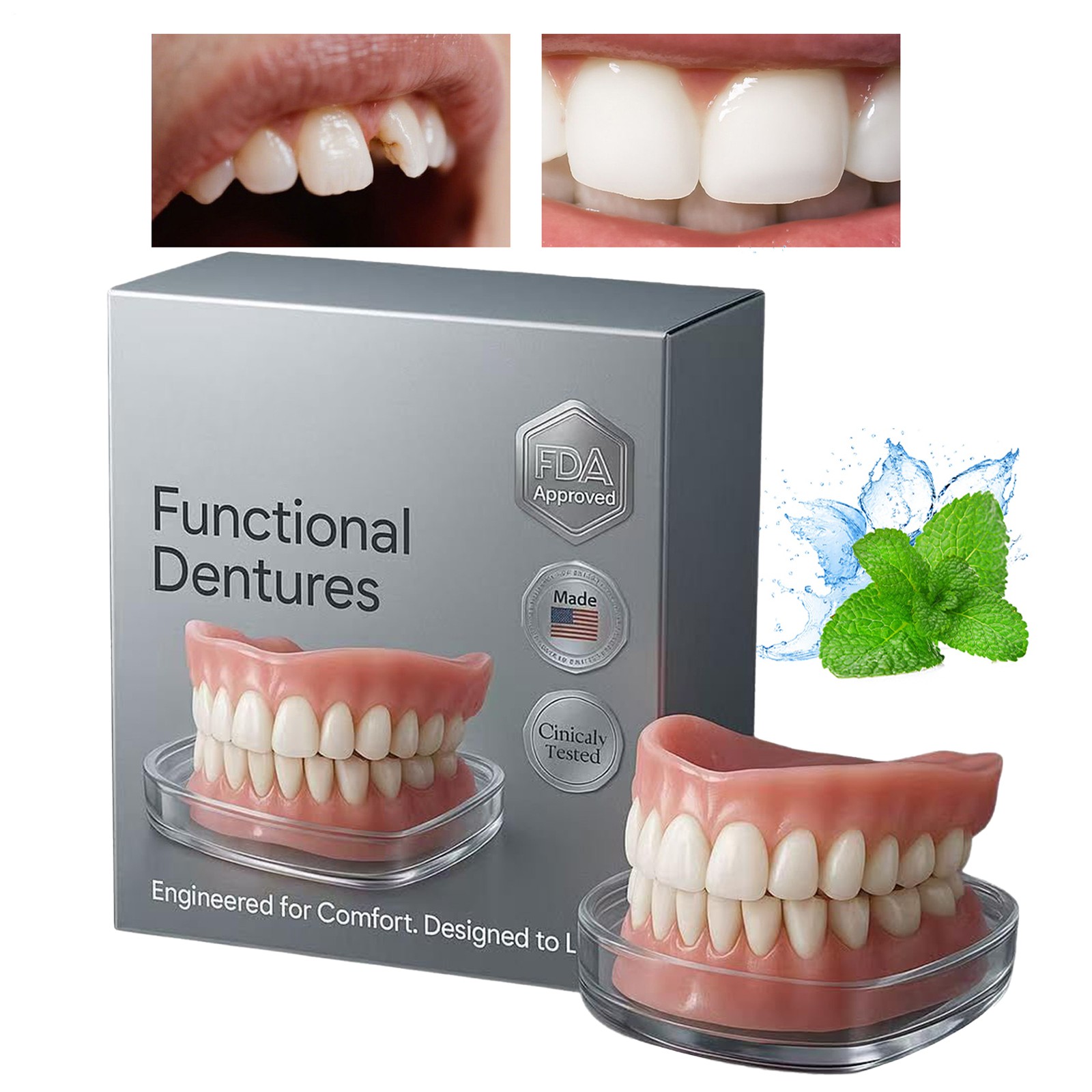 False Teeth, Dentures For Women And Men, Upper And Lower Silicone Denture Set