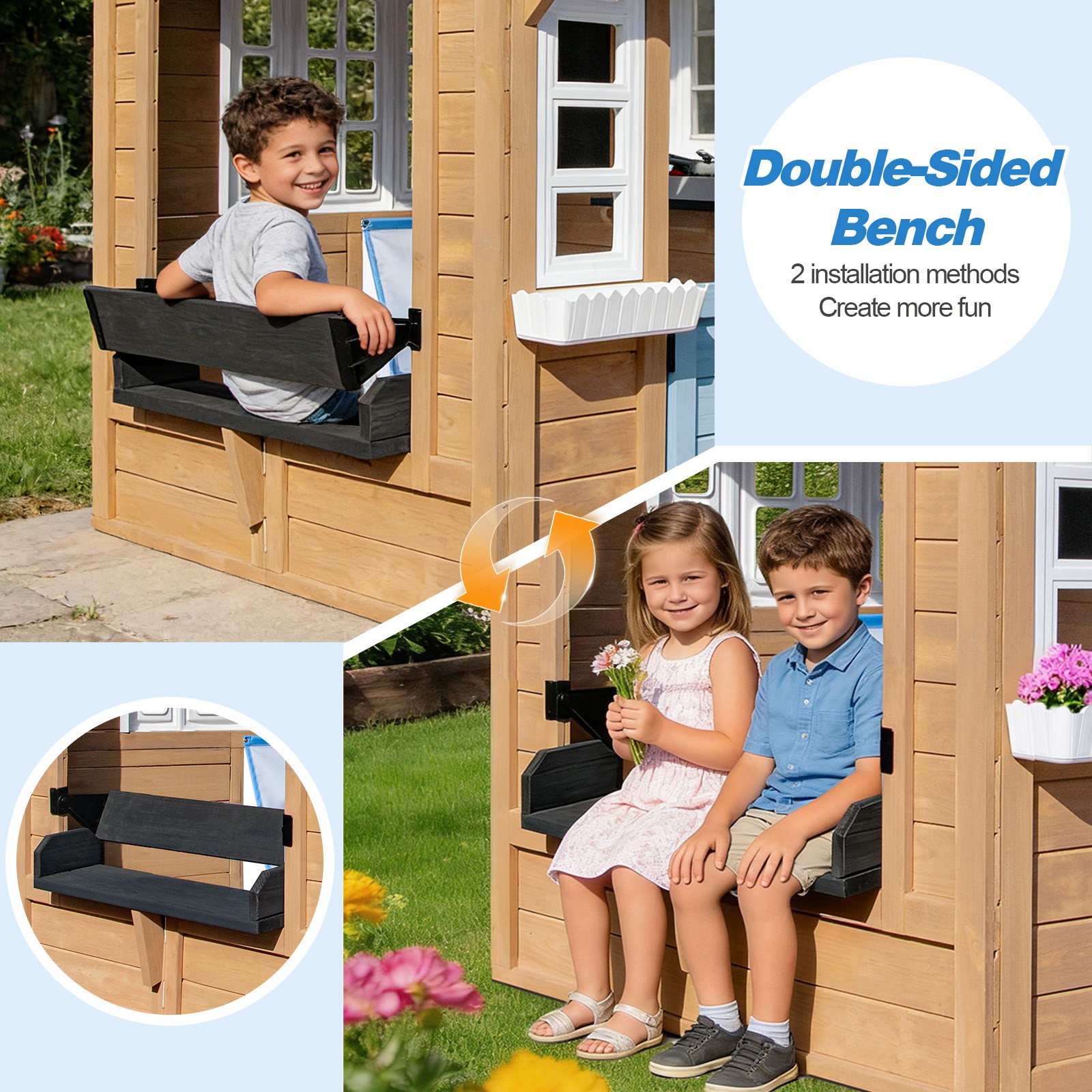 Outdoor Wood Kid Playhouse Backyard Garden Cottage Play Kitchen,Bench,Chalkboard