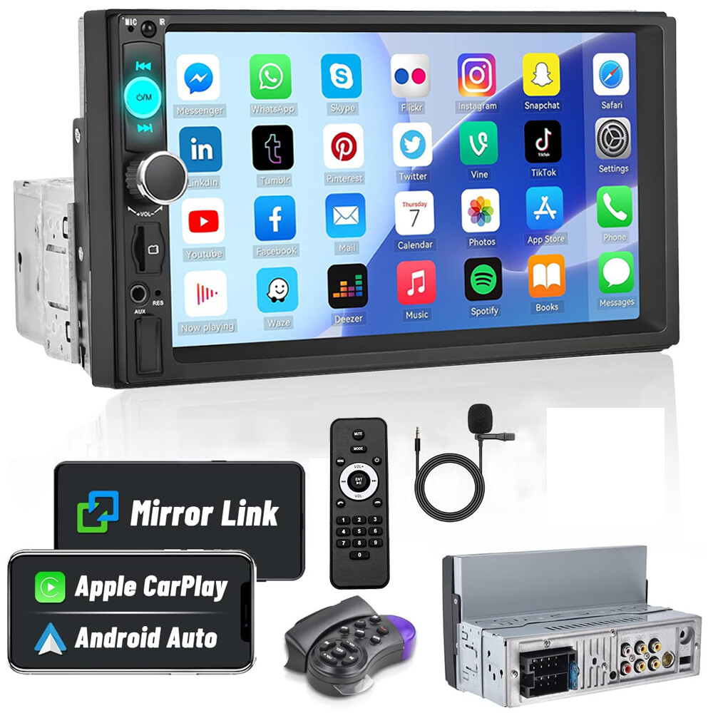 Single 1Din 7" Touch Screen Stereo Bluetooth Radio Car Apple/Android Carplay GPS