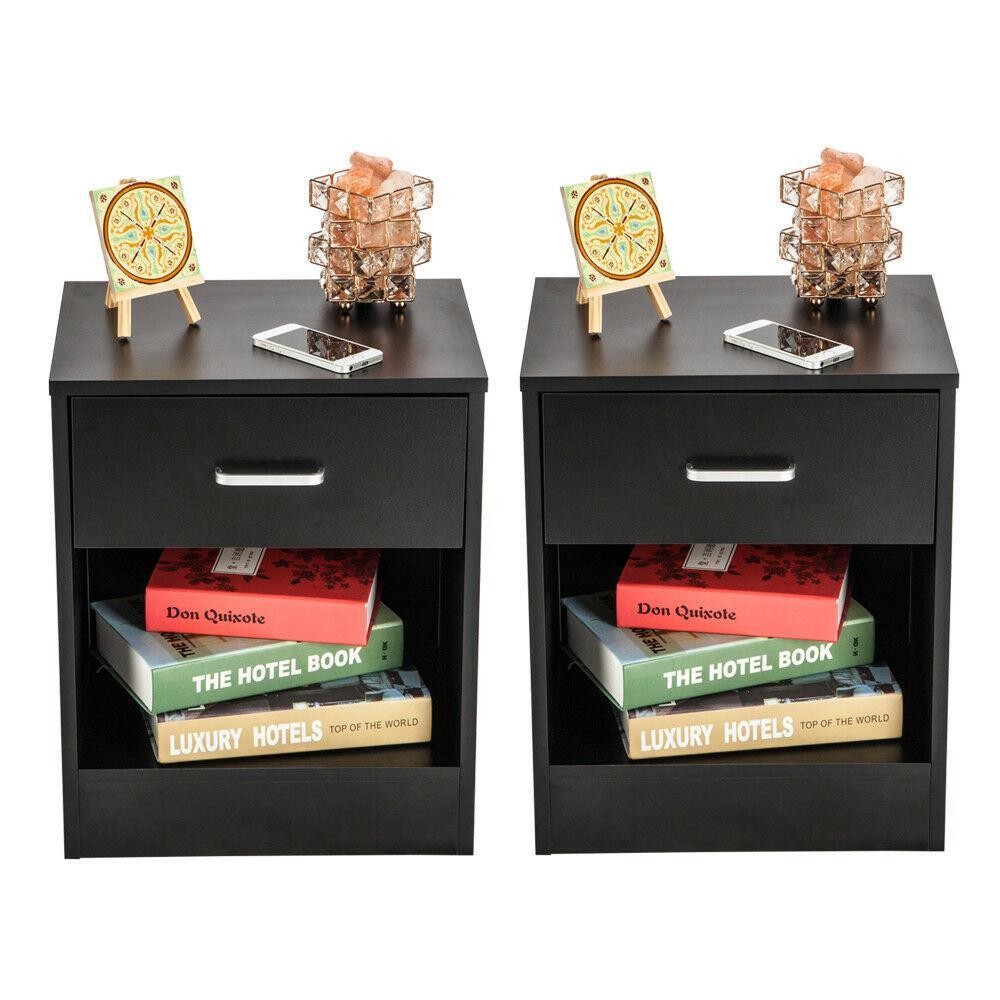 Set of 2 Bedroom Bedside Table Nightstand End Side With Drawer and Open Shelf