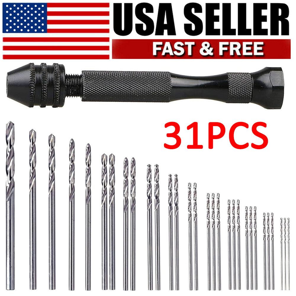 Mini Micro Hand Drill Bits Set Small Manual Keyless Chuck Pin Vise Rotary 31Pcs