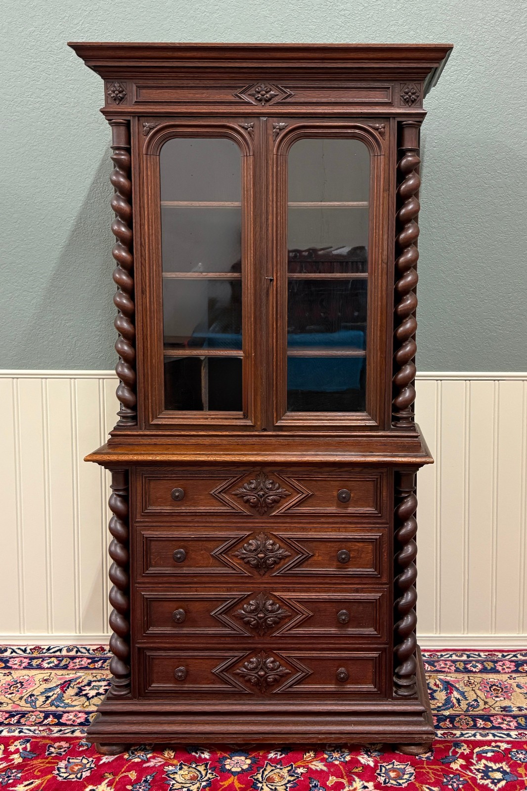 Antique French Bookcase & Chest of Drawers Display Cabinet Barley Twist Oak
