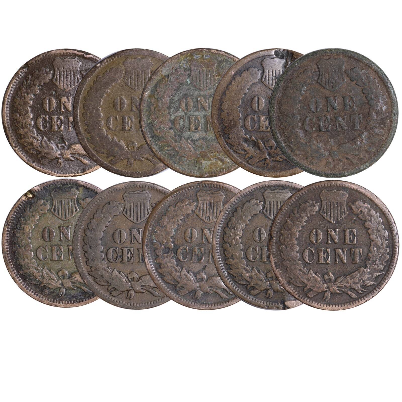 10 PC. LOT Indian Head Cent Pennies 1800'S + 1900'S CULLS JUNK PROBLEM COINS