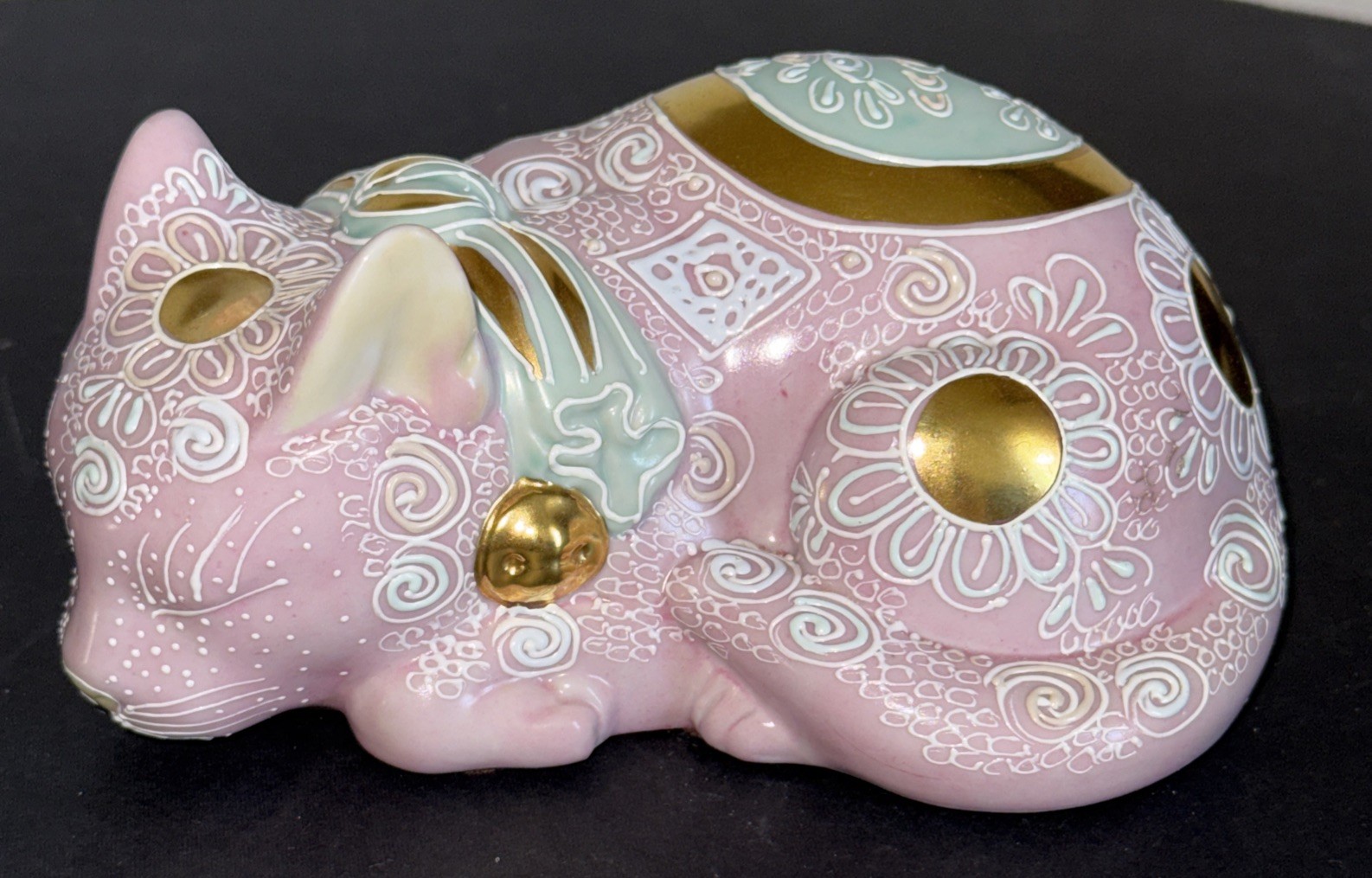 Frederick Cooper Pink, Green And Gold Porcelain Decorative Japanese Sleeping Cat