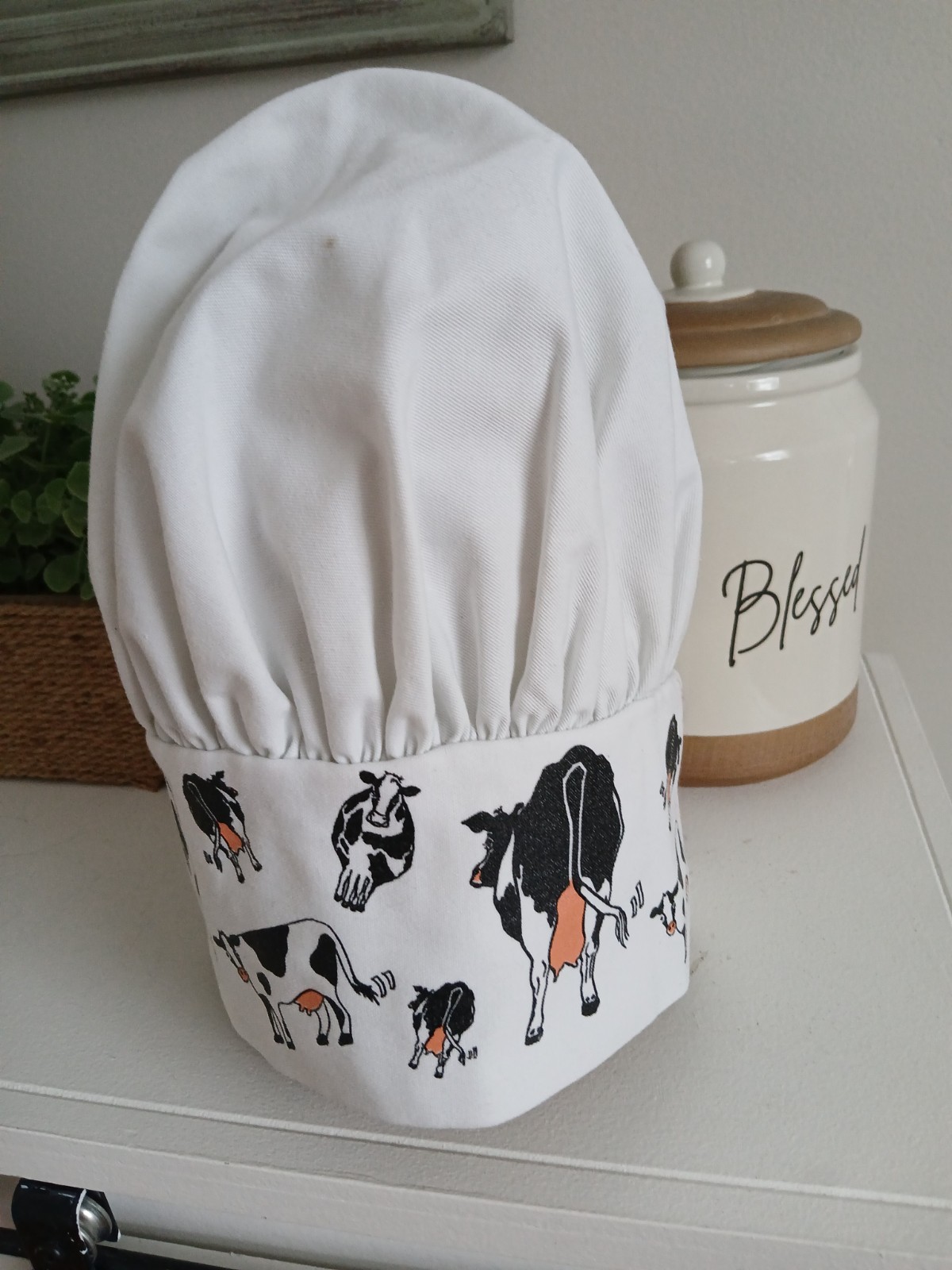 White Chef Hat with Cow Print Used Kitchen Costume Cap Adult