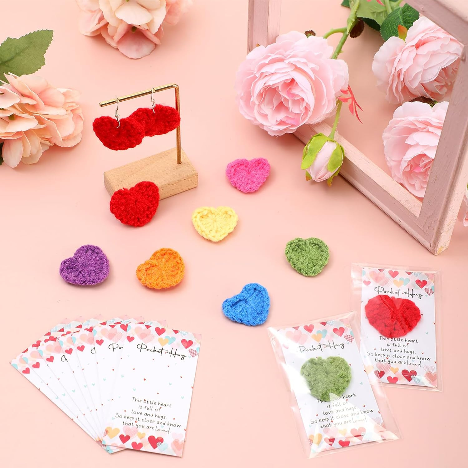 70 Sets Emotional Support Gift Bulk Cute Hand Crocheted Pocket Hug Heart Inspira