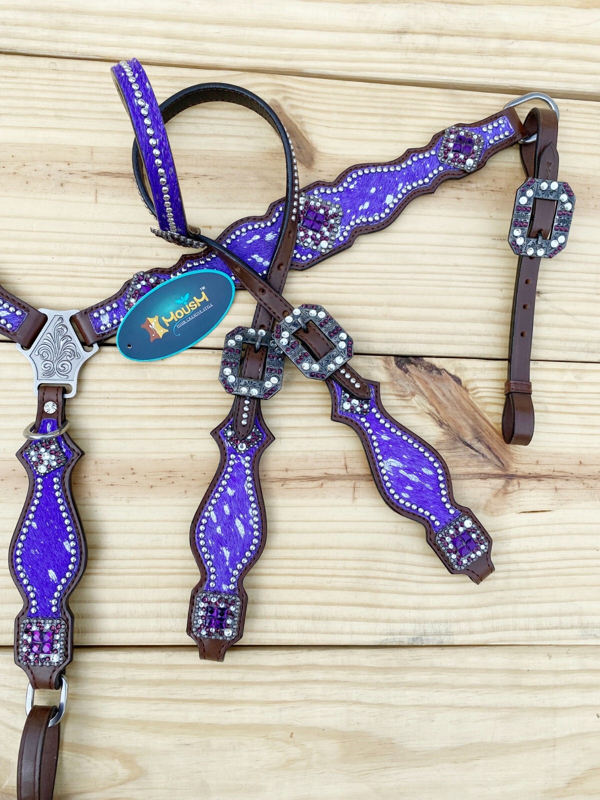 MOUSM Western Leather Headstall and Breast Collar Tack Set for Horses - Purple