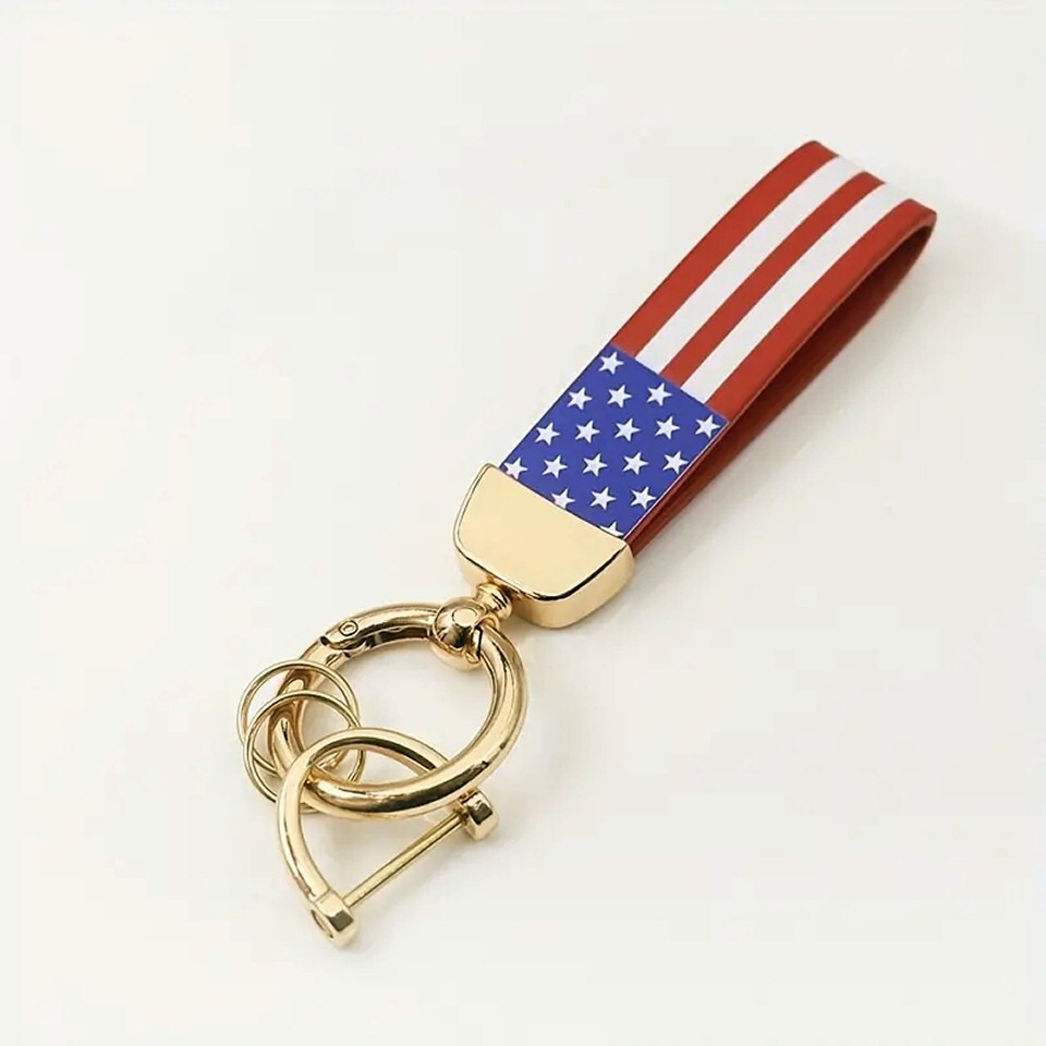 Leather American USA Flag Car Keychain with Zinc Alloy Ring, Tactical Keychain