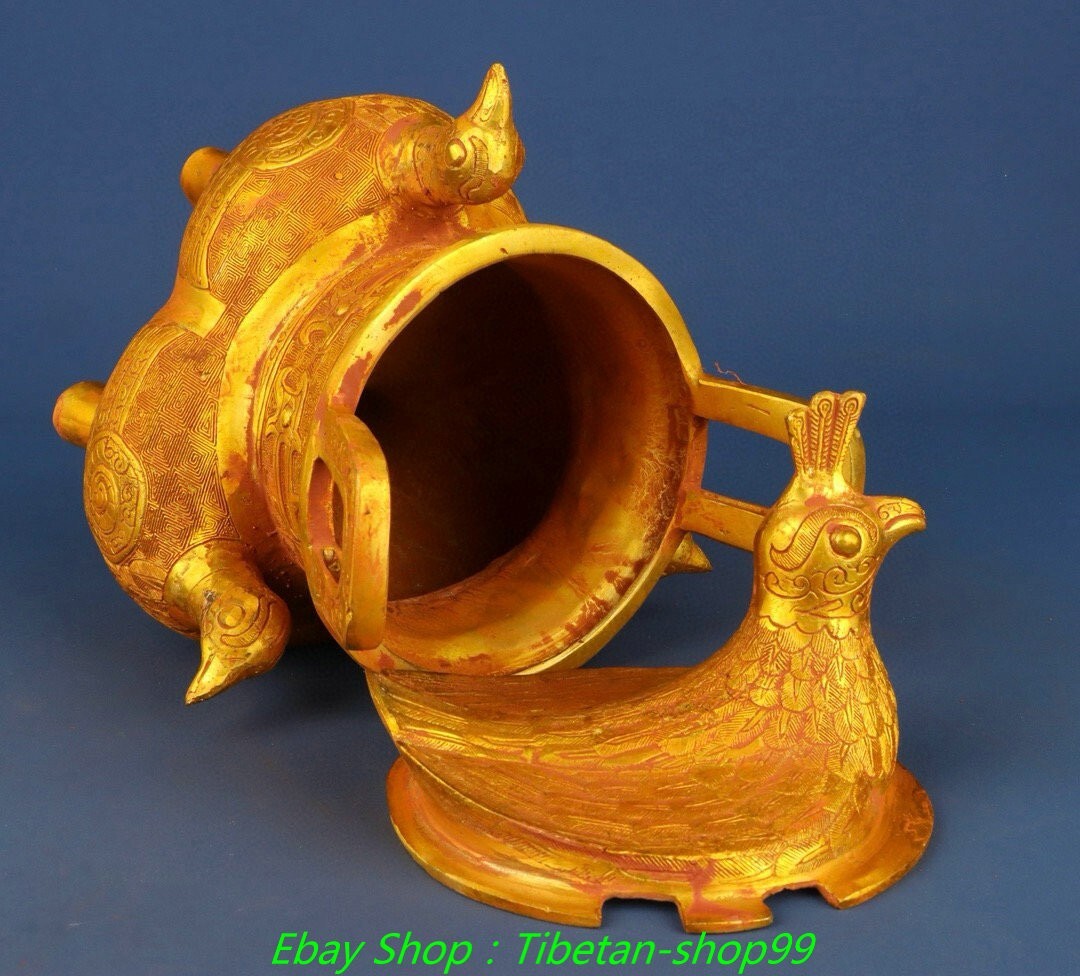 11.8''Old Dynasty Bronze Ware Gilt Inscription 3 Bird Incense Burner Censer