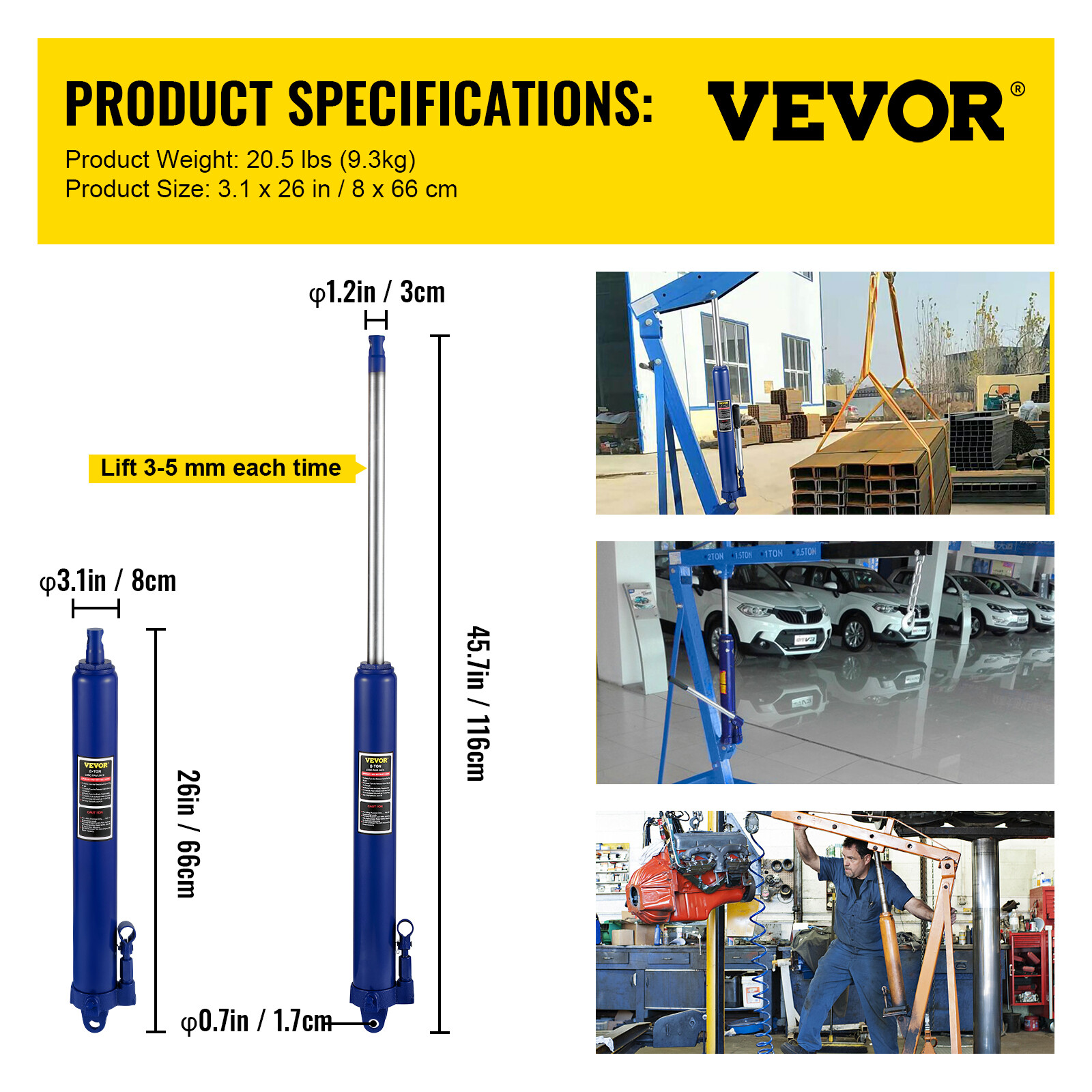 VEVOR 8-Ton Hydraulic Long Ram Jack Manual Single Pump Engine Lift Cherry Picker