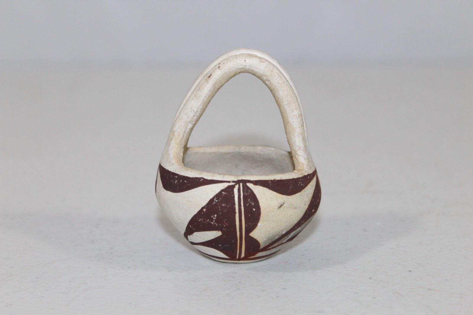 Vintage Acoma Pottery Small Basket Bowl 2.5" Tall Unsigned White & Brown