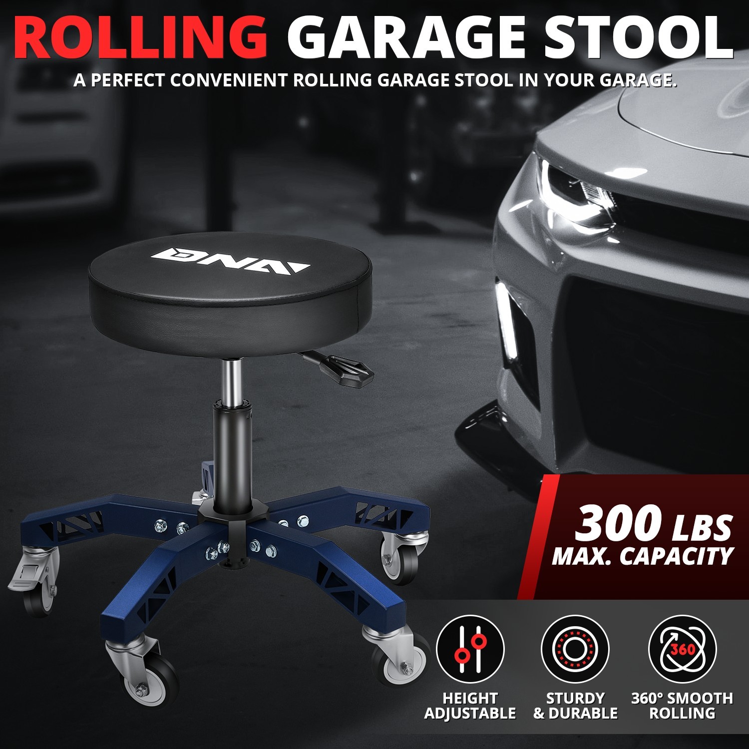 Heavy Duty Adjustable Height Mechanics Rolling Seat Garage Stool Work Shop Blue