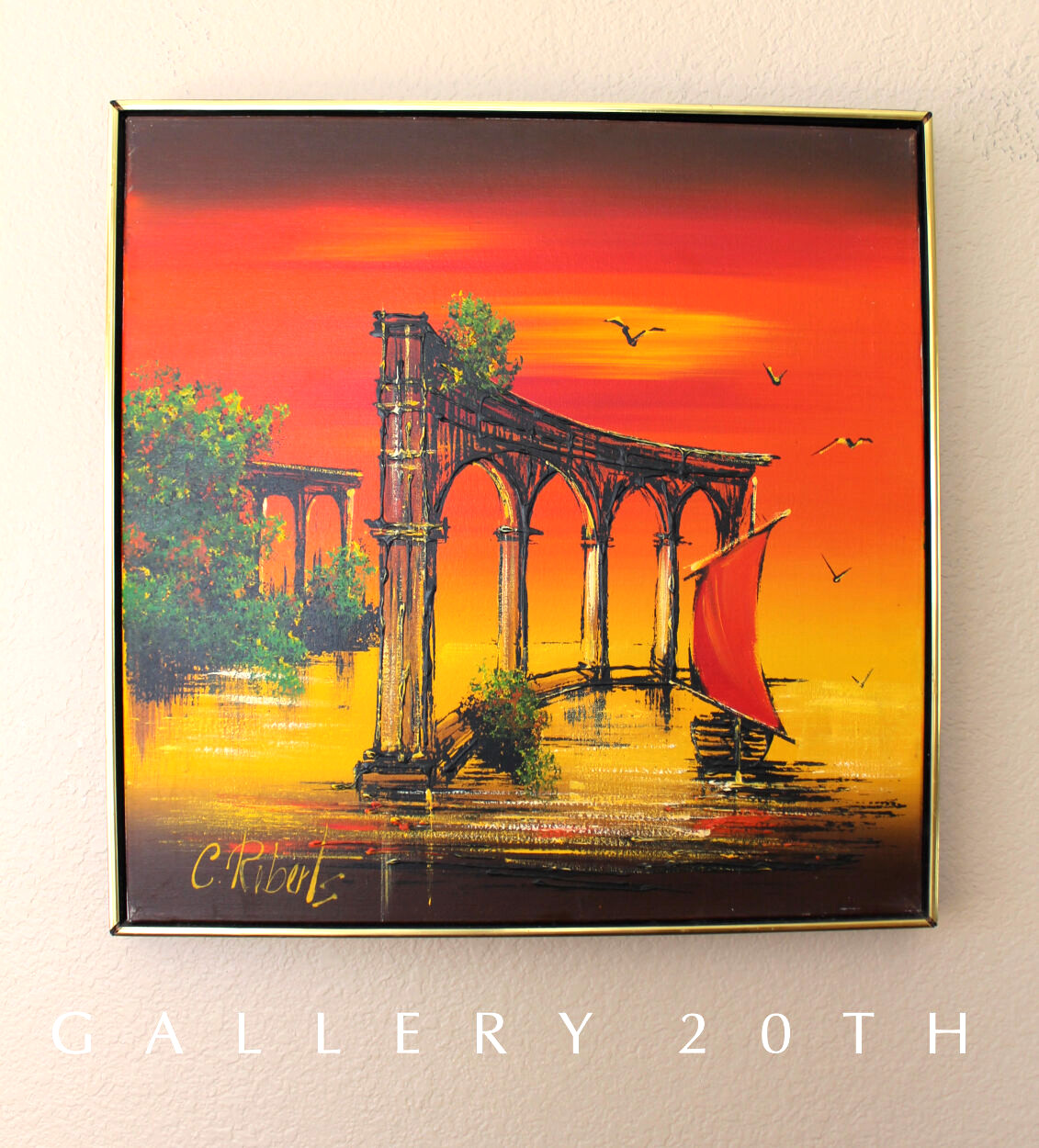 SPECTACULAR! MCM ORIG OIL PAINTING! 50'S 60'S ART VTG ATLANTIS RUINS MID CENTURY